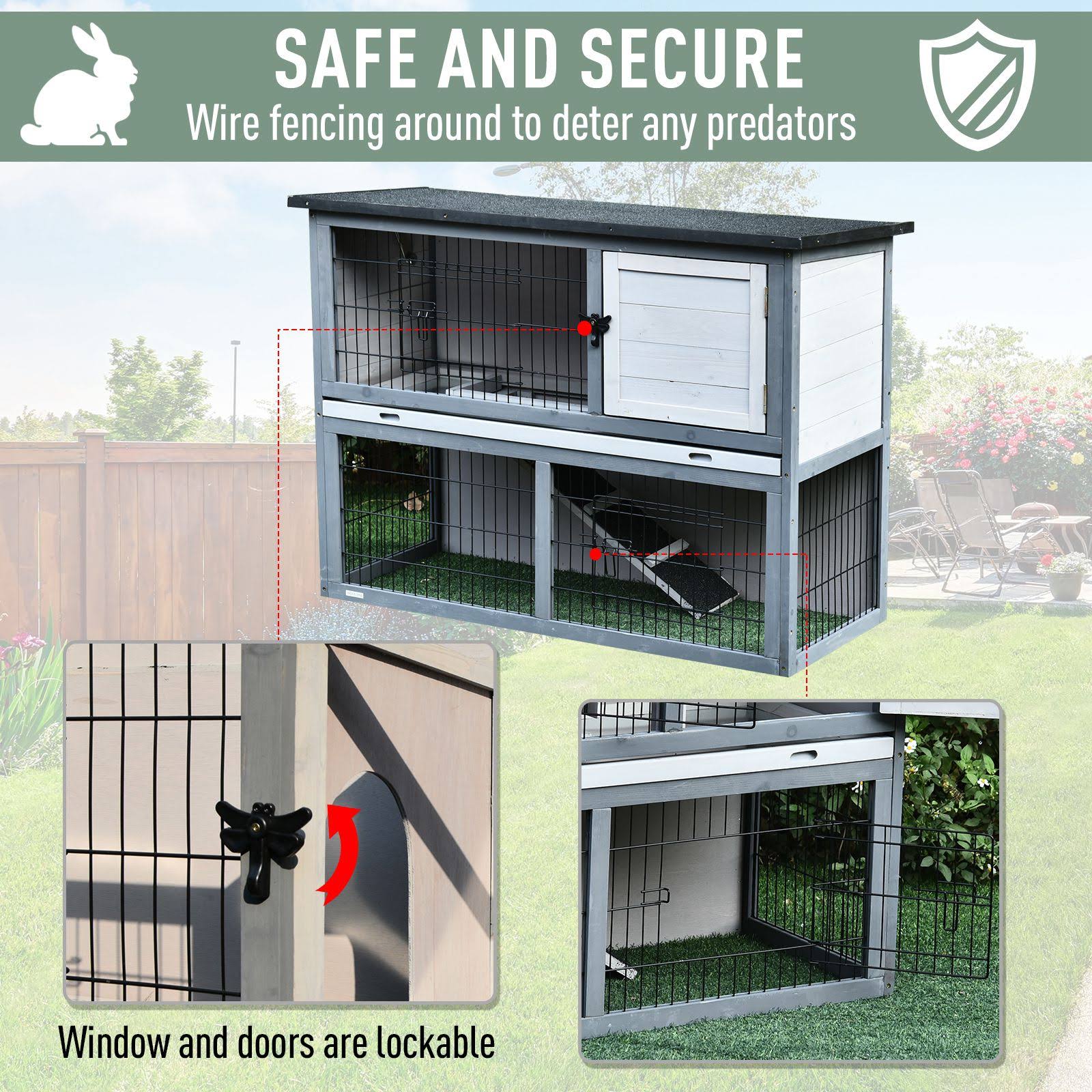 PawHut 2-Tier Wooden Rabbit Hutch with Upper House Area and Lower Play Area with Cage - Great for Bunnies/Small Animals