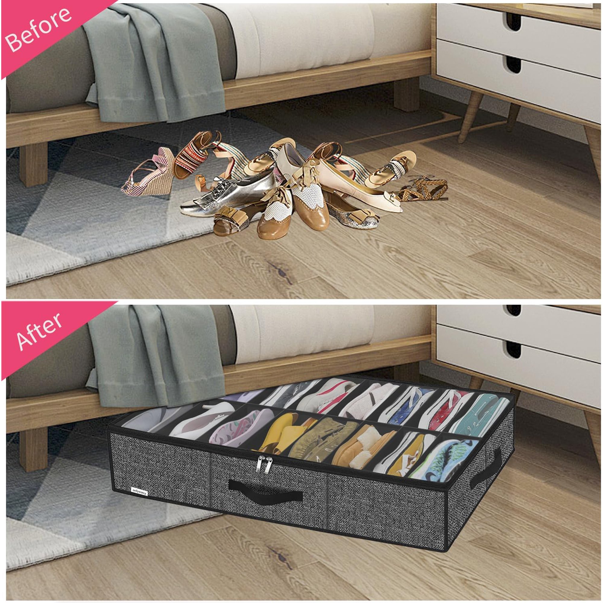 Under Bed Shoe Storage Organizer with Sturdy Handles and Clear Window  Premium Foldable Underbed Shoes Container Box for Closet, Linen-like Black