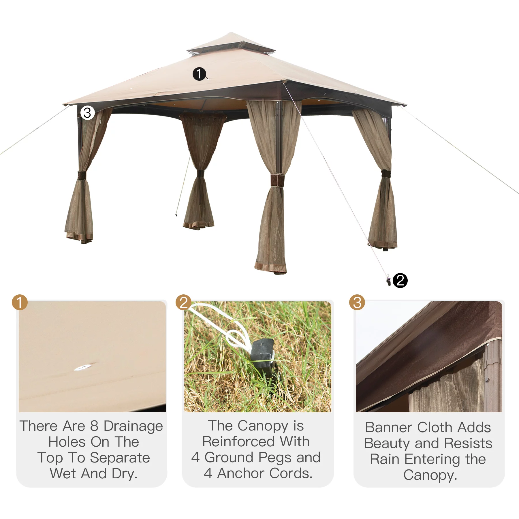 Domi Outdoor Living 10'x13'Patio Gazebo Outdoor Ventilation Double Roof Gazebo with Mosquito Netting for Patio,Lawn and Garden, Brown