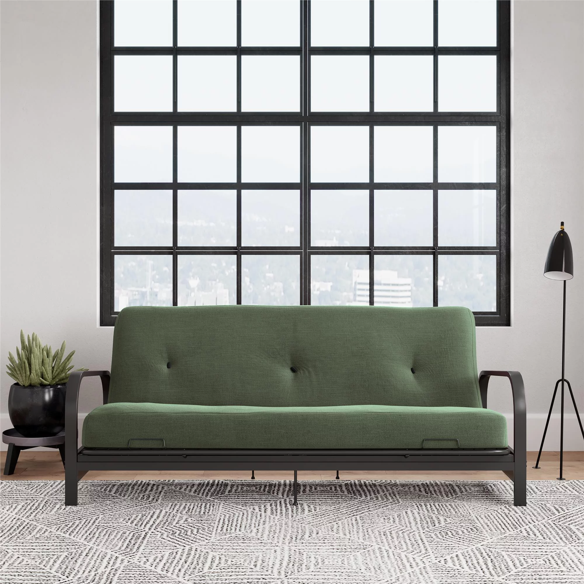 Cleo Futon Set with Black Metal Sofa Bed Frame and 6" Mattress, Full Size, Army Green