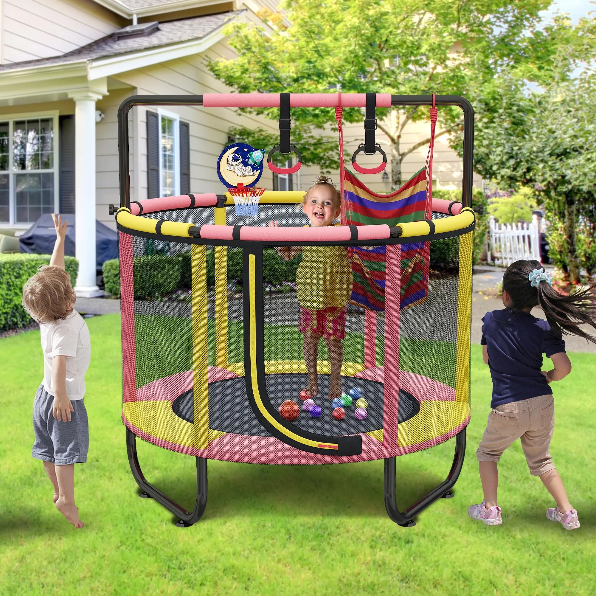 55'' Mini Trampoline for Kids, Small Toddler Trampoline with Enclosure, Indoor Outdoor Trampoline with Basketball Hoop, Adjustable Bar and Rings, Swing and Boxing Bag