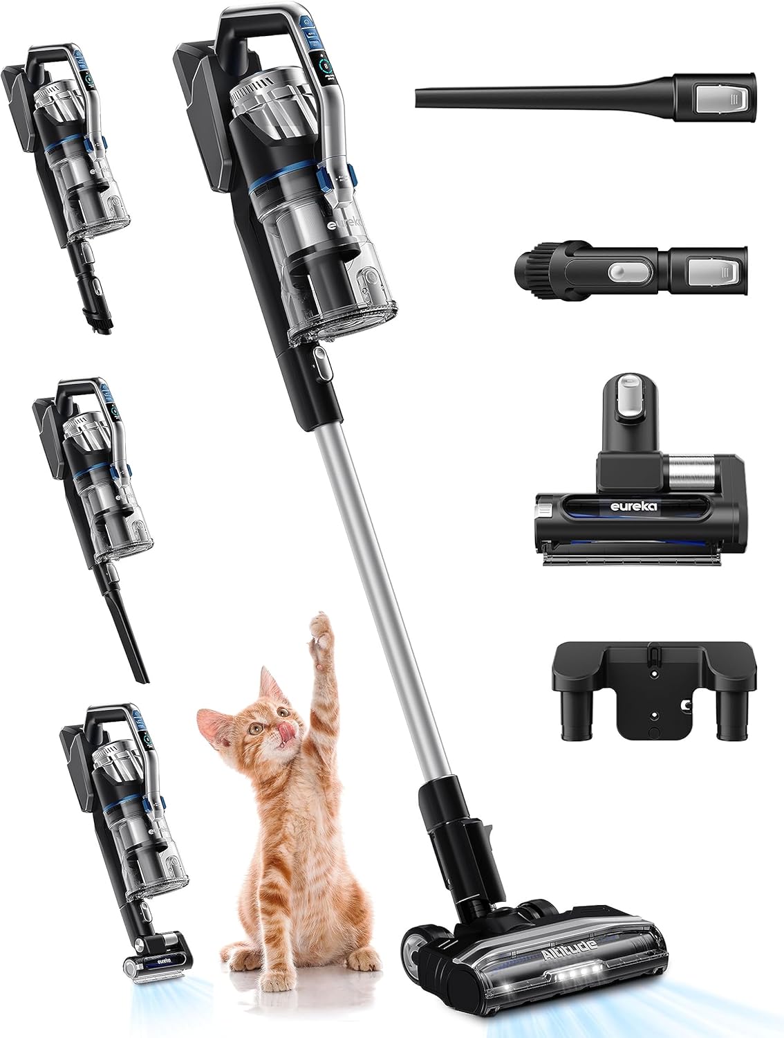 Eureka Cordless Vacuum Cleaner, Stick Vacuum for Home Pet Hair Carpet Hardfloor, Powerful Suction, Dual LED Headlights, 180° Flexible Brush Head, 60 Mins Runtime, Black and Silver