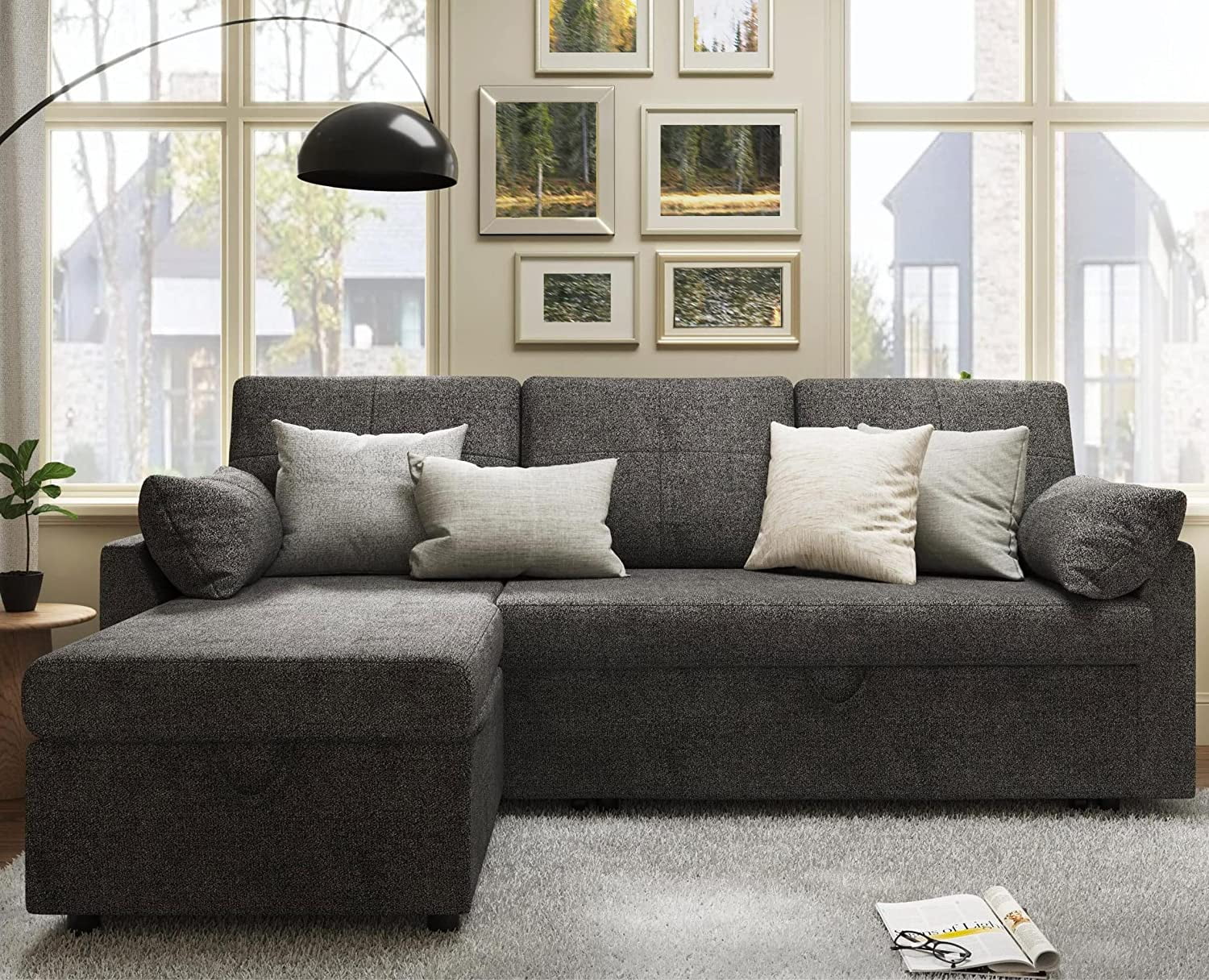 Papajet Sofa Bed, Sleeper Sofa with Storage Chaise, Pull Out Couch for Living Room- Gray Chenille
