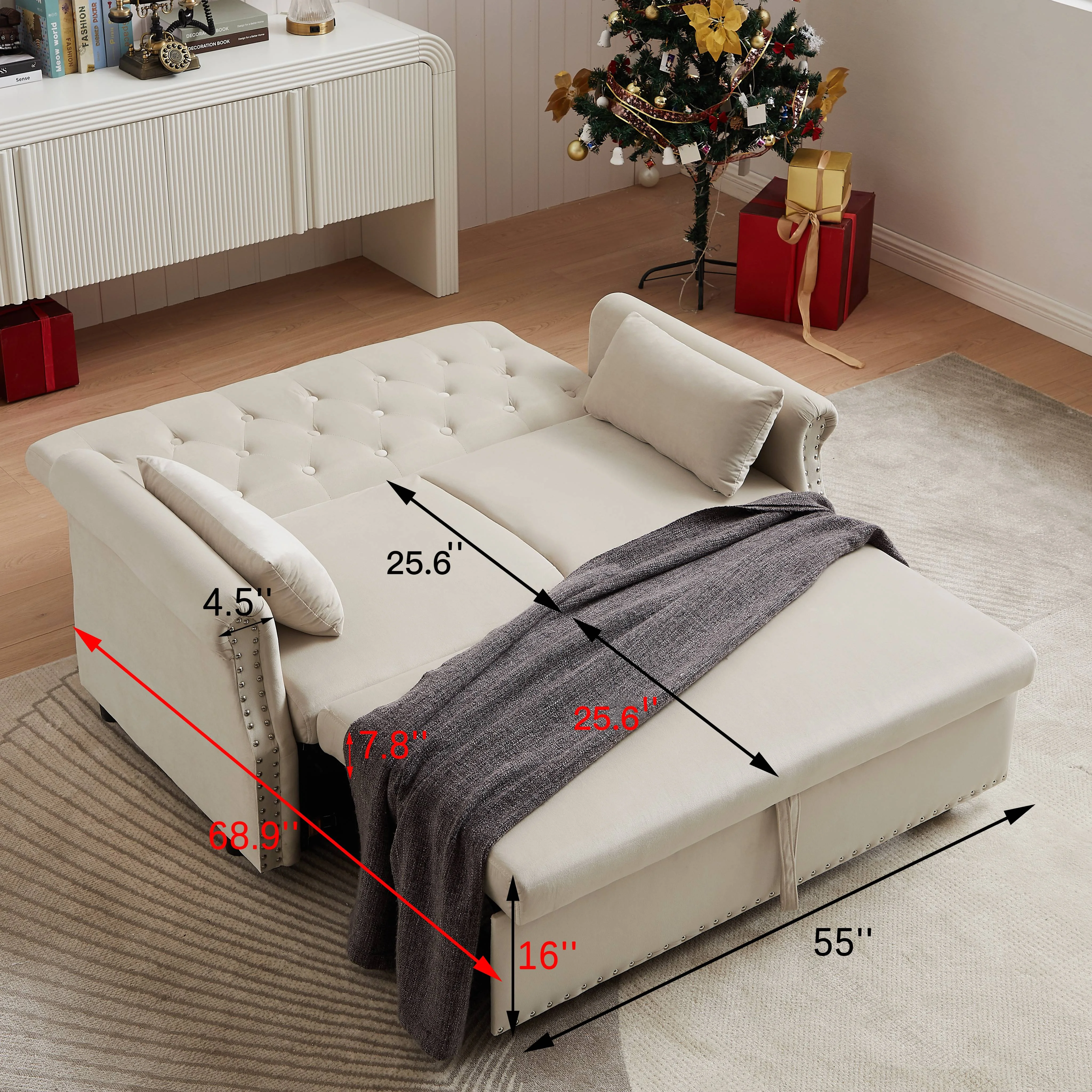 Bellemave 55" Pull Out Sleeper Sofa Bed, Sleeper Loveseats Sofa Couch with Adjustable Backrest, 2 Caster Wheels and 2 Lumbar Pillows for Living Room Bedroom Apartment Office (Beige)
