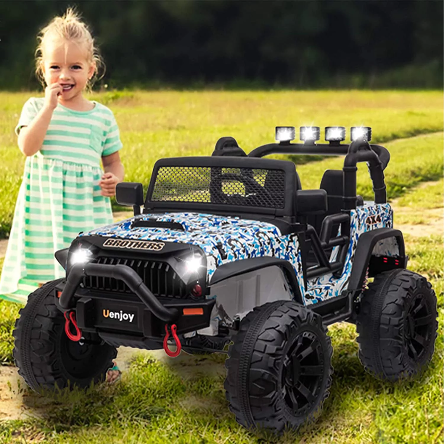 Uenjoy 12V Kids Ride on Toys Electric Battry-Powered Ride-On Truck Car RC Toy w/ Remote Control 2 Speed Camouflage Blue - Curated Treasures Market