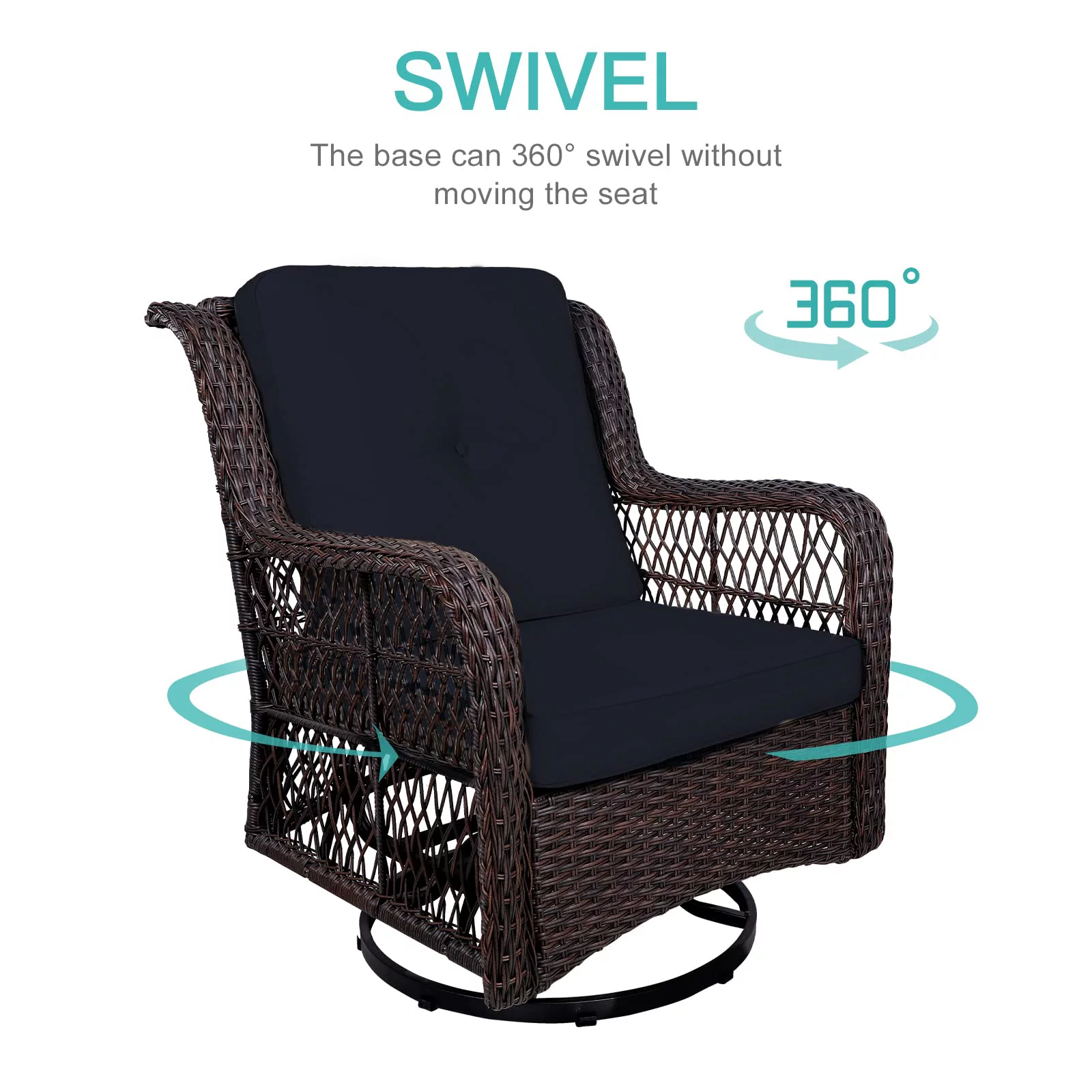 MEETWARM 3-Piece Patio Wicker Conversation Bistro Set Cushioned, Outdoor Swivel Rocking Chairs Rattan Furniture Sets with Thickened Cushion and Glass-Top Coffee Table (Navy Blue)