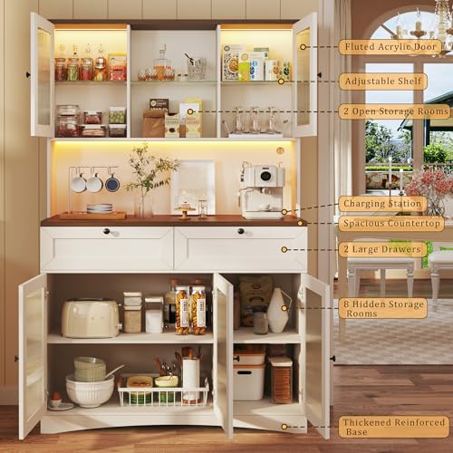71" Kitchen Pantry Cabinet with Lights & Acrylic Doors, Pantry Storage Cabinet with Microwave Stand, Kitchen Hutch Food Cabinets with Charging Station, Adjustable Shelves, White