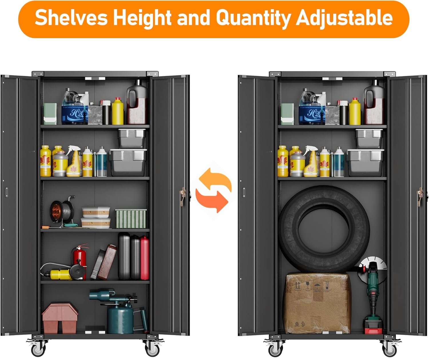 72" Black Metal Storage Cabinets with Wheels and 4 Adjustable Shelves, Lockable Rolling Cabinet Black, Home Office Metal Utility Cabinet for Garage Kitchen, Assembly Required