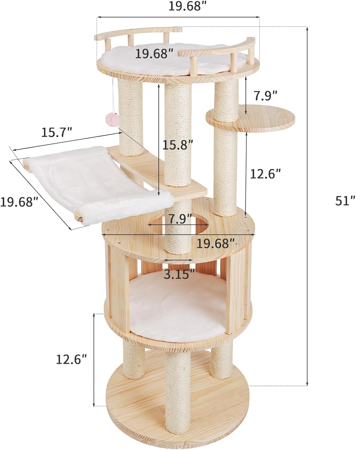 52" Modern Cat Tree Tower for Indoor Cats, Solid Pine Cat Scratching Tree for Multiple Large Cats, Wood Climbing Tower Hammock Post, Unique Design, Easy Clean