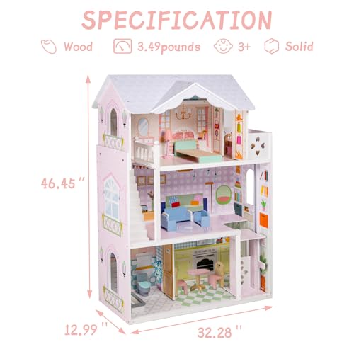 Large Wooden Dollhouse with Working Elevator & Balcony - 3 Stories 6 Rooms Doll House Playset with Furniture Accessories, Creative Toy Gift for Girls 3+, White