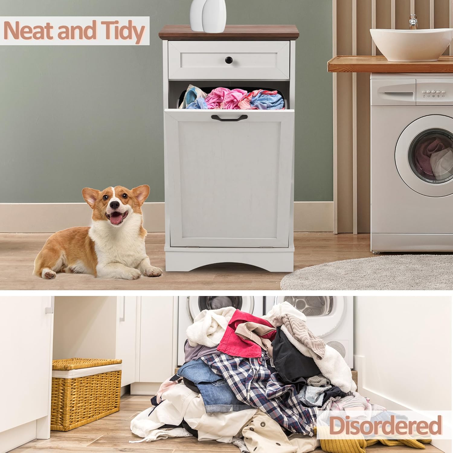 13 Gallon Tilt Out Trash Cabinet with Drawer Wood Hidden Kitchen Recycling Cabinet Free Standing Pet Proof Trash Can Laundry Cabinet for Kitchen, Antique White