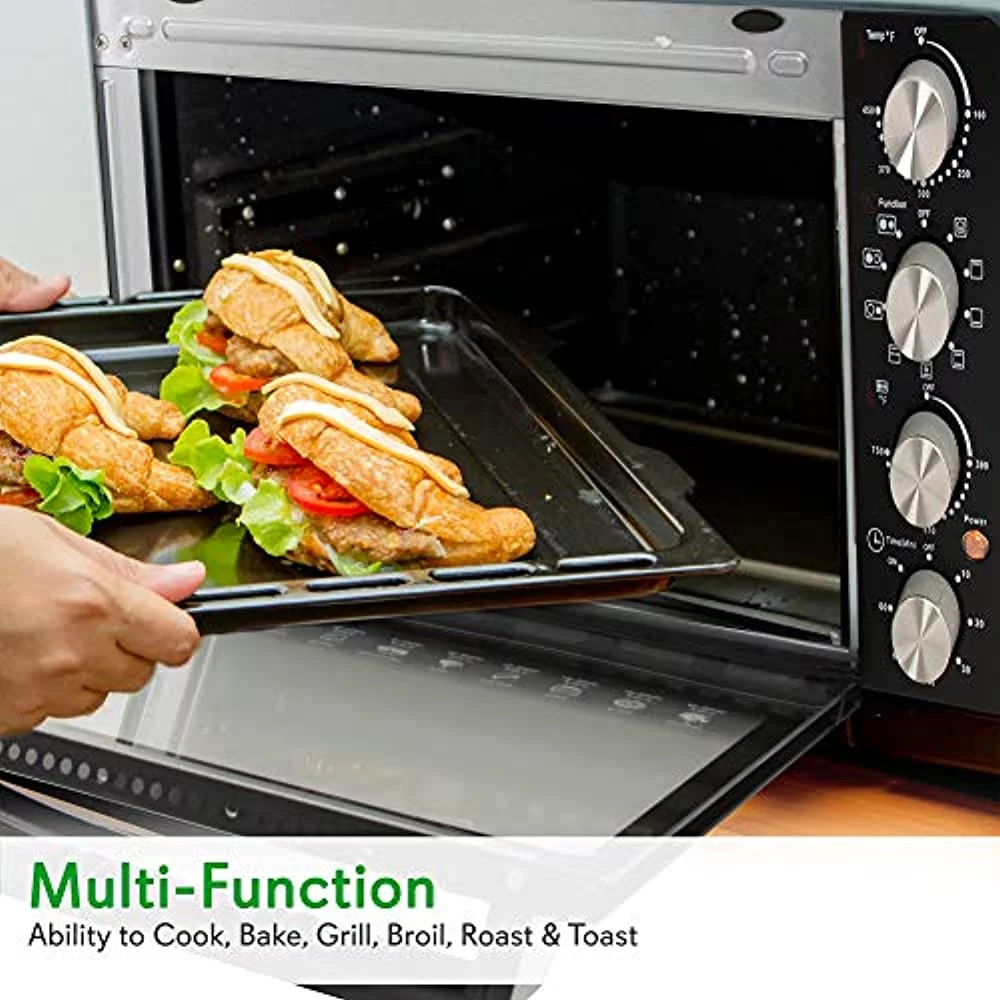 NutriChef 30 Quarts Kitchen Convection Oven - 1400 Watt Countertop Turbo, Rotisserie Roaster Cooker with Grill, Griddle Top Rack, Dual Hot Plates, Toaster, Baking Tray, Skewers and Handles - PKRTO