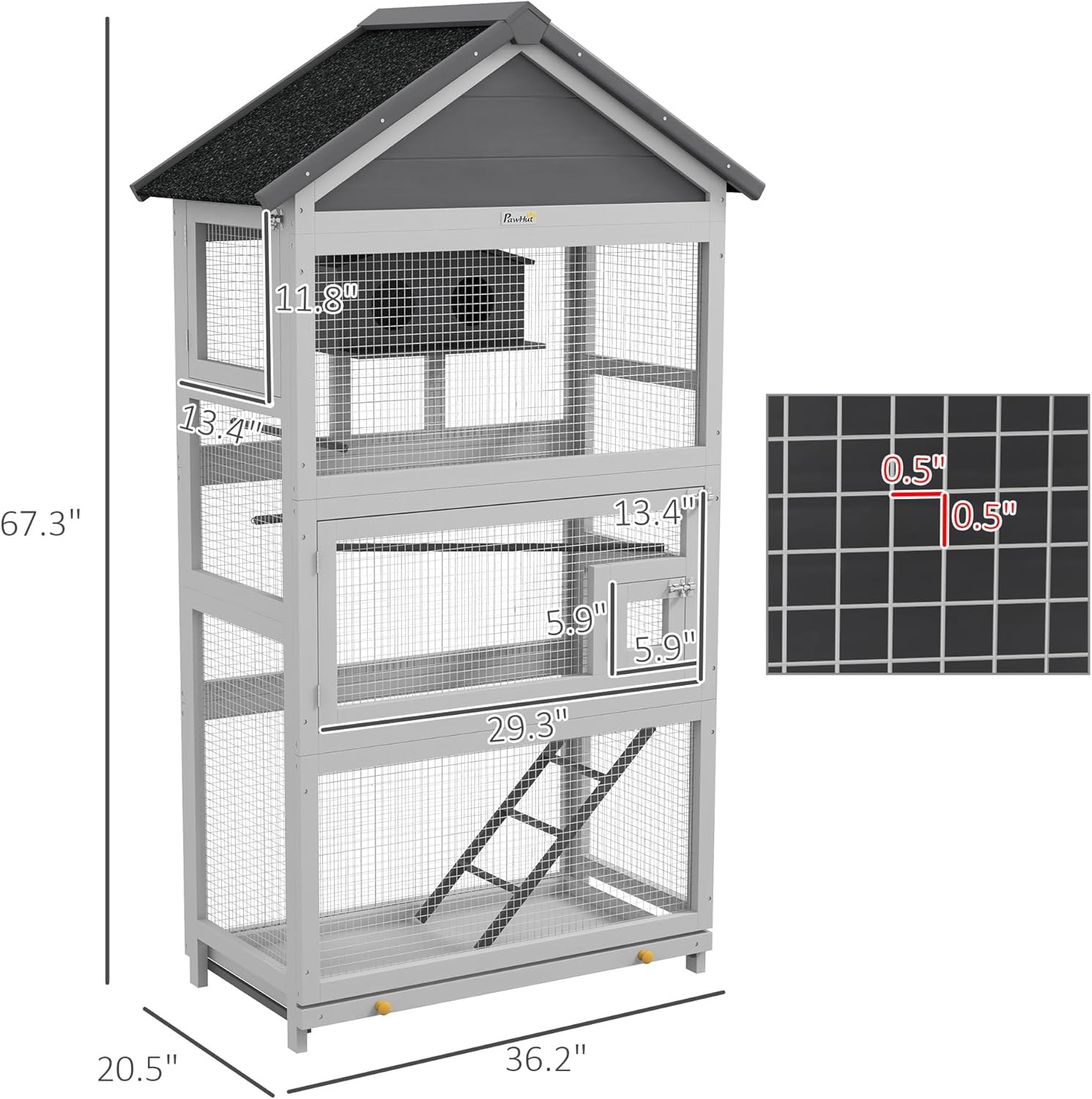 PawHut Wooden Bird Aviary, 67" Outdoor Bird Cage with Slide-Out Tray, Three Doors, Birdhouse, Ladder, Perches for Finches, Parakeets, Gray