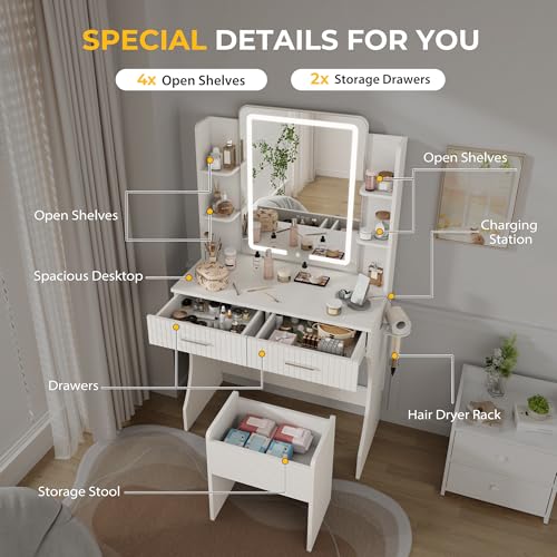Vanity Desk with LED Lighted Mirror, Makeup Vanity with 3 Adjustable Lights, 2 Large Drawers and 4 Open Shelves, White Vanity with Storage Stool for Bedroom