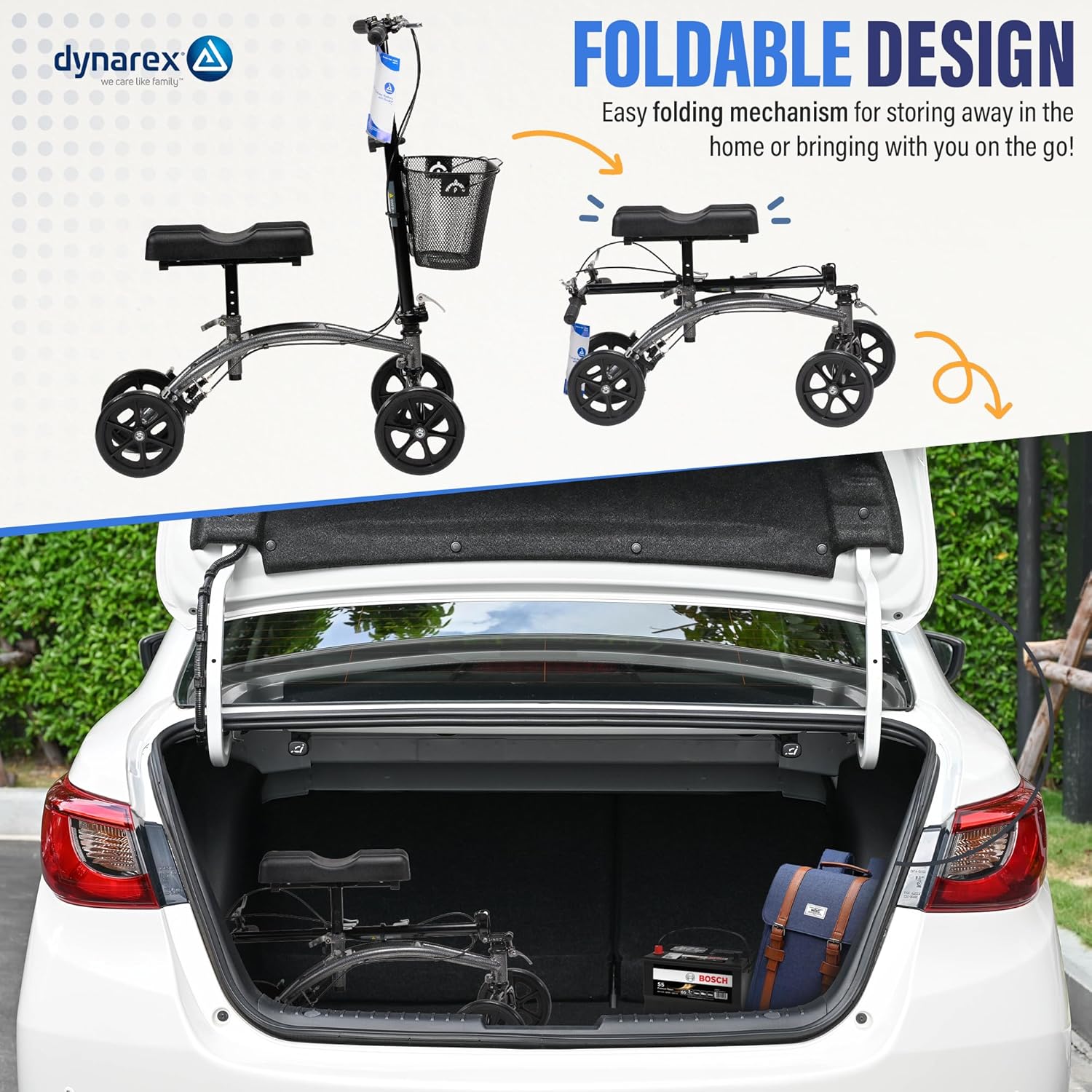 Dynarex Steerable Knee Walker with Basket–Compact, Knee Scooter with Black Padded Rest for The Right or Left Leg, 300 Pound Weight Capacity, Silver