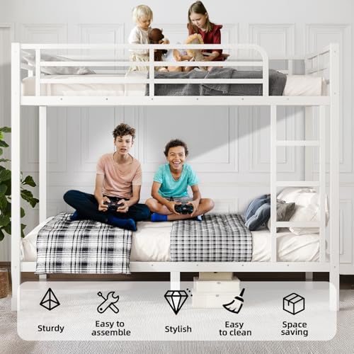 Twin XL Over Twin XL Bunk Bed, Metal Bunk Bed Frame Heavy Duty Bunk Beds Loft Bed Frame with Ladder and Guardrail Metal Slats No Box Spring Required for Adults Teens, Black