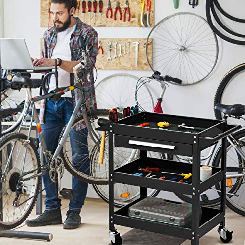 Goplus 3 Tier Rolling Tool Cart, 330 LBS Capacity Heavy Duty Utility Cart Tool Organizer with Storage Drawer, Industrial Commercial Service Tool Cart for Mechanics, Garage, Warehouse & Repair Shop
