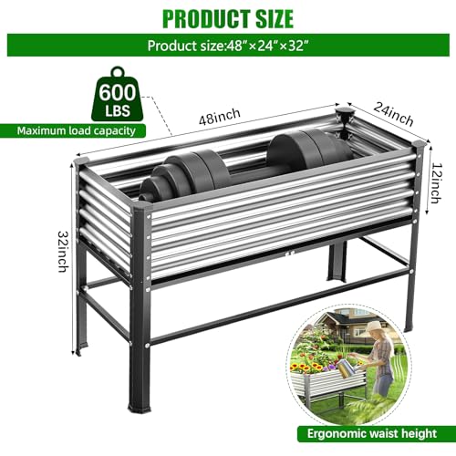 Raised Garden Bed with Legs, 48×48×32in Large Outdoor Metal Galvanized Garden Planting Box,1000lb Capacity for Vegetables Lawn Green Flowers, Fruits, Terrace