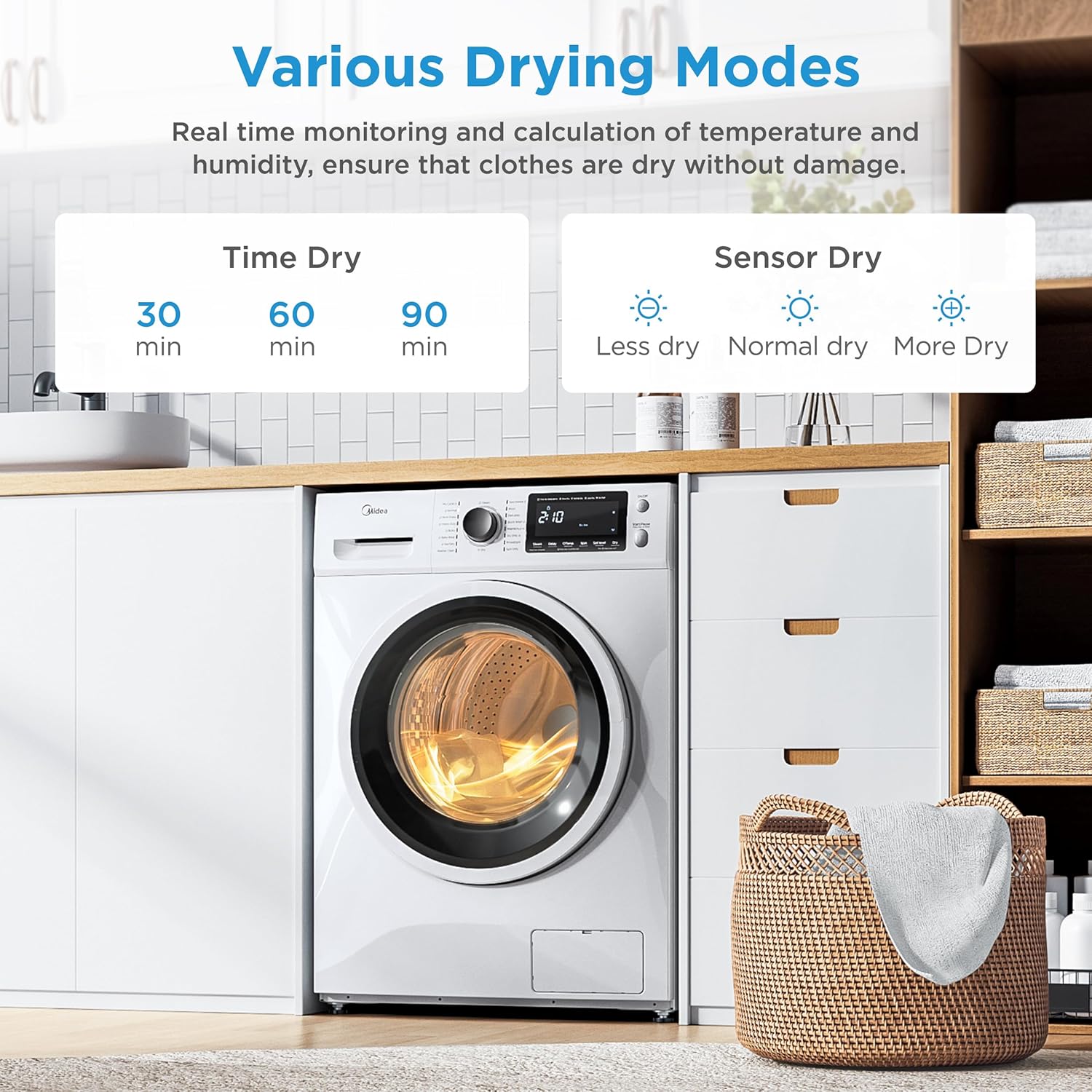 Midea 24 Inch Washer and Dryer Combo, All in One Washer and Dryer 2.7 cu.ft 26lbs, Ventless Washing Machine, Steam Care, Overnight Dry, 1400 RPM, 16 Cycles Front Load Washer, Full-Automatic, White