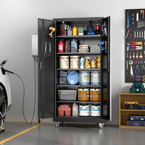 Aobabo Garage Storage Cabinet with Wheels,72" H Metal Storage Cabinet with 2 Doors and 4 Adjustable Shelves for Garage Home, Black,Required-Assembly