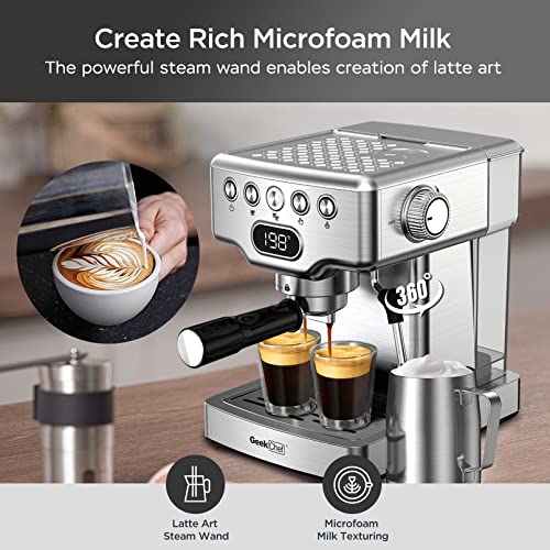 Geek Chef Espresso Machine, 20 Bar Espresso Maker with Milk Frother Steam Wand, Compact Coffee Machine with for Cappuccino,Latte, Fast Heating, Stainless Steel