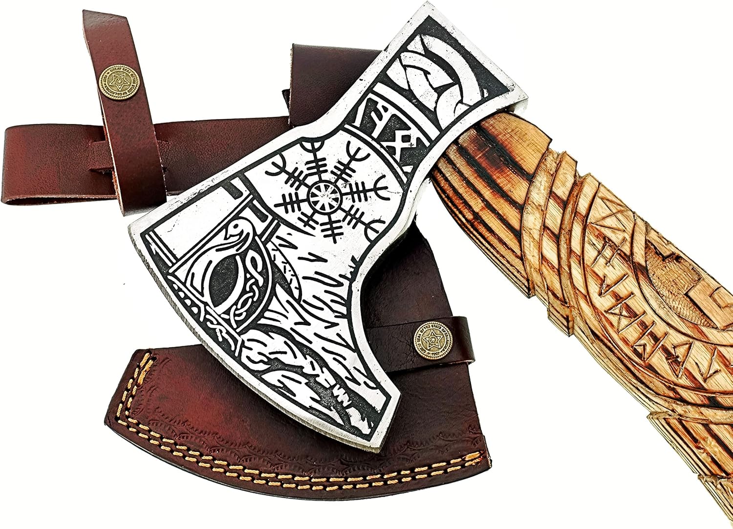 AX-7000 Custom Gift Forged Carbon Steel Viking Axe with Rose Wood Shaft, Viking Bearded Camping Axe