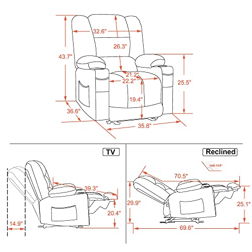MCombo Large Electric Power Recliner Chair with Heat and Massage, USB Ports, Cup Holders, Electric Reclining Chair for Living Room PR670 (Dark Brown Large 25.5" Seat Width)
