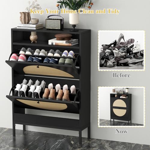 Rattan Shoe Cabinet, Shoe Storage Cabinet with 2 Flip Drawers, Hidden Shoe Storage, Slim Shoe Closet, Sneaker Storage, Shoe Organizer for Entryway, Hallway, Living Room,Black