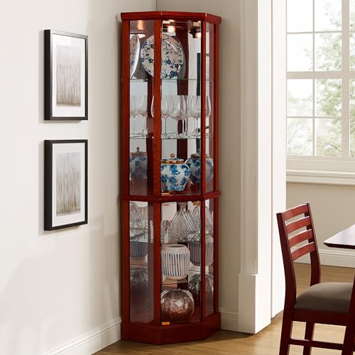 Lighted Corner Display Curio Cabinet Wooden Curved Shelving Unit with Tempered Glass Door, Bar and Liquor Storage Area with 6 Shelves - Mirror Back (Walnut)