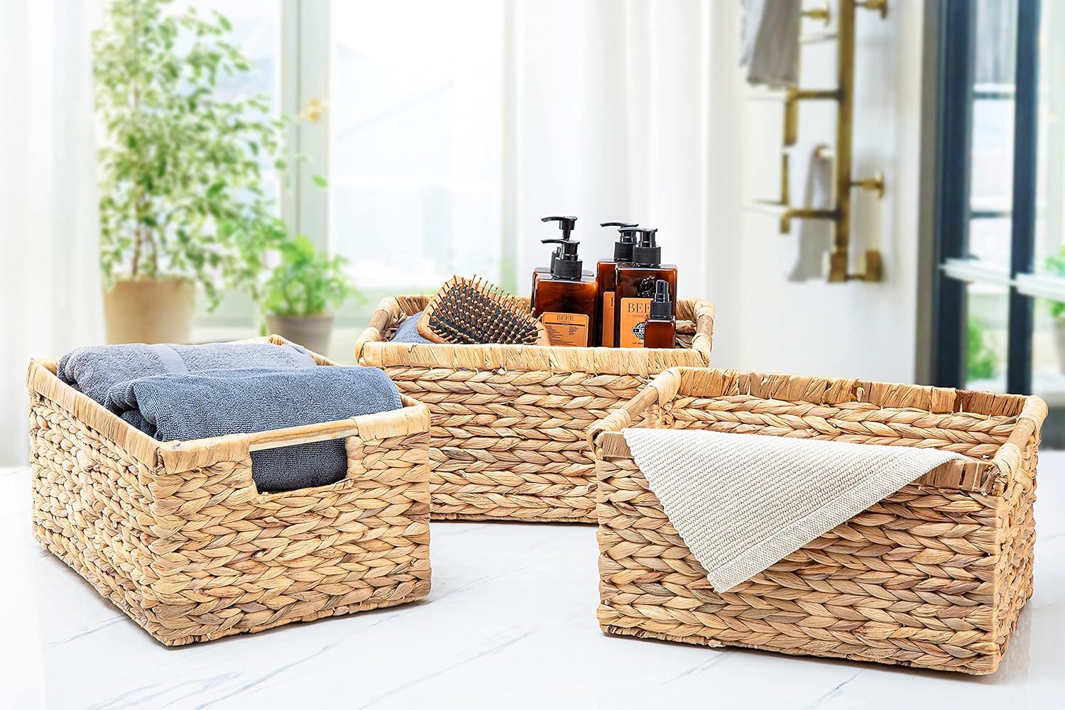 VATIMA Large Wicker Basket Rectangular with Wooden Handles for Shelves, Water Hyacinth Basket Storage, Natural Baskets for Organizing, Wicker Baskets for Storage 14.5 x 10.3 x 7.2 inches