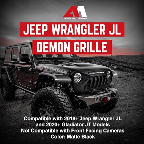 AMERICAN MODIFIED Gladiator Vader Front Grille with Mesh Compatible with Jeep 2018-2023 Wrangler JL and Gladiator JT Models w/o TrailCam