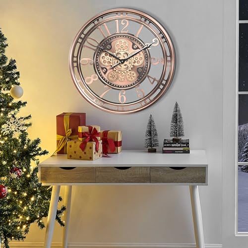 Moving Gear Wall Clock for Modern Farmhouse Living Room Decor,Large Industrial Steampunk Wall Clock,Metal Wall Clock Decorative for Home Office, Dinning Room,Copper (21 Inch)