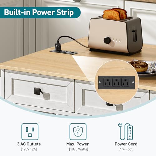 Kitchen Island with Drop Leaf, Kitchen Cart with Charging Station, Kitchen Table with Storage, Rolling Island Table with 3 Drawers, Towel Rack and Spice Rack, White and Walnut