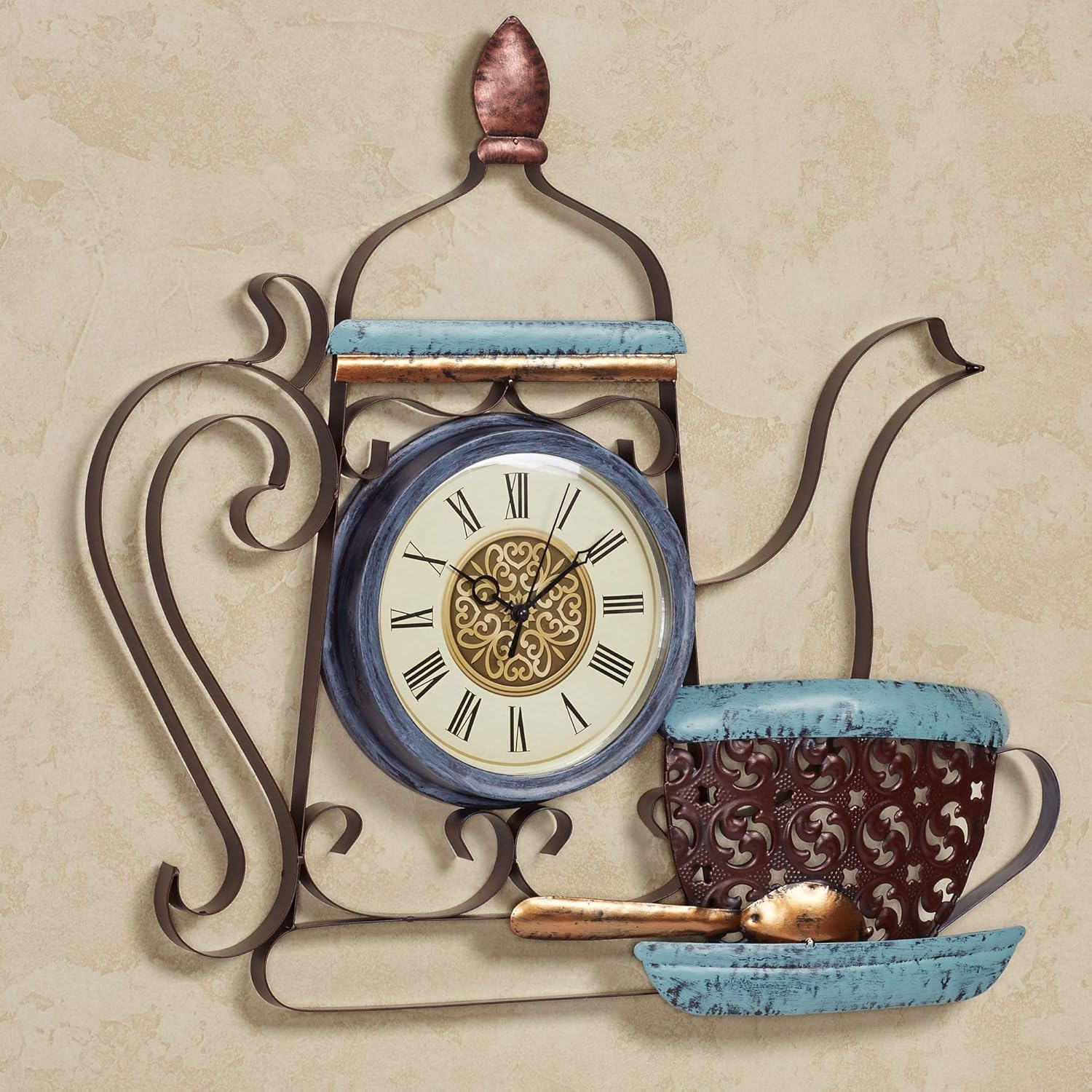 Deluca Brew Coffee Pot Wall Clock Bronze - Made of Metal - Decorative Theme Clocks - Coffee Cafe Themed Pot with Cup - Scroll Design, Roman Numerals, Protective Plastic Cover - 21 Inches High