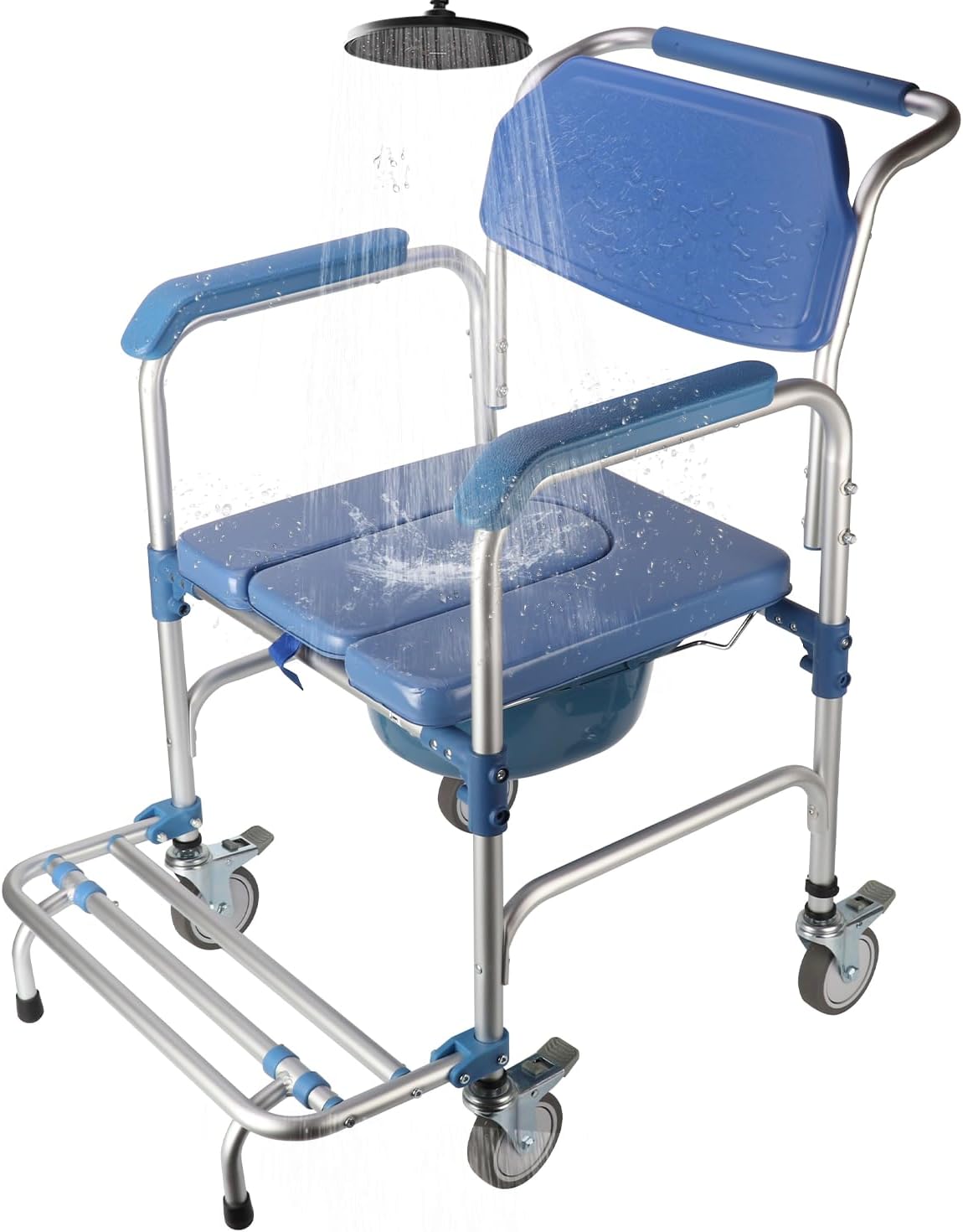 Shower Chair with Wheels 3 in 1 Commode Chair for Toilet with Arms Waterproof Rolling Transport Chair Bedside Commode for Seniors and Disabled, Weight Capacity 350lbs