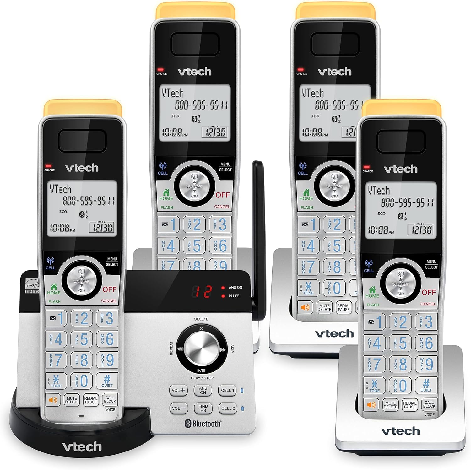 VTECH IS8121-4 Super Long Range up to 2300 Feet DECT 6.0 Bluetooth 4 Handset Cordless Phone for Home with Answering Machine, Call Blocking, Connect to Cell, Intercom and Expandable to 5 Handsets