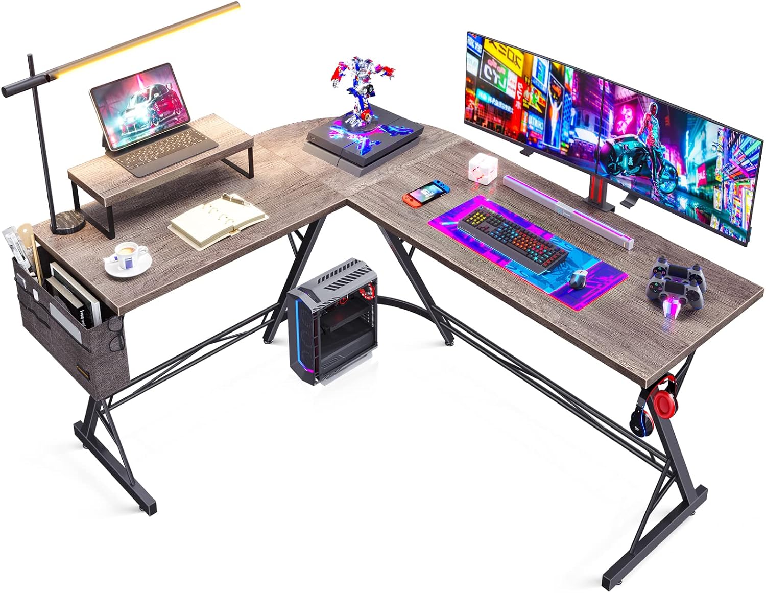 L Shaped Gaming Desk, 58" Home Office Desk with Round Corner, Computer Desk with Large Monitor Stand Desk Workstation