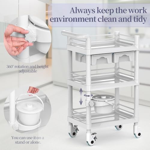 Beauty Trolley Cart with Wheels, Esthetician Cart with Handrail, Bucket and 2 Big Drawer, 2 Tier Heavy Duty Beauty Salon SPA Cart, Load 330lbs, 360° Rotate Silent Wheels