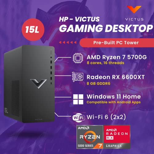 HP Victus Gaming PC, AMD Ryzen 7 5700G (8 cores, 16 Threads), 32 GB RAM, 2 TB PCIe SSD, Radeon RX 6600XT, Gaming Computer Desktop Bundle, USB C, WiFi 6, Windows 11 Home