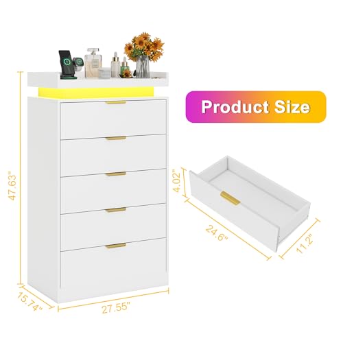 White Dresser with LED Lights, Wooden LED Dresser, 4 Drawer Chest with Charging Station, Tall Chest of Drawer Closet Organizer for Bedroom, Living Room, Entryway, Hallway