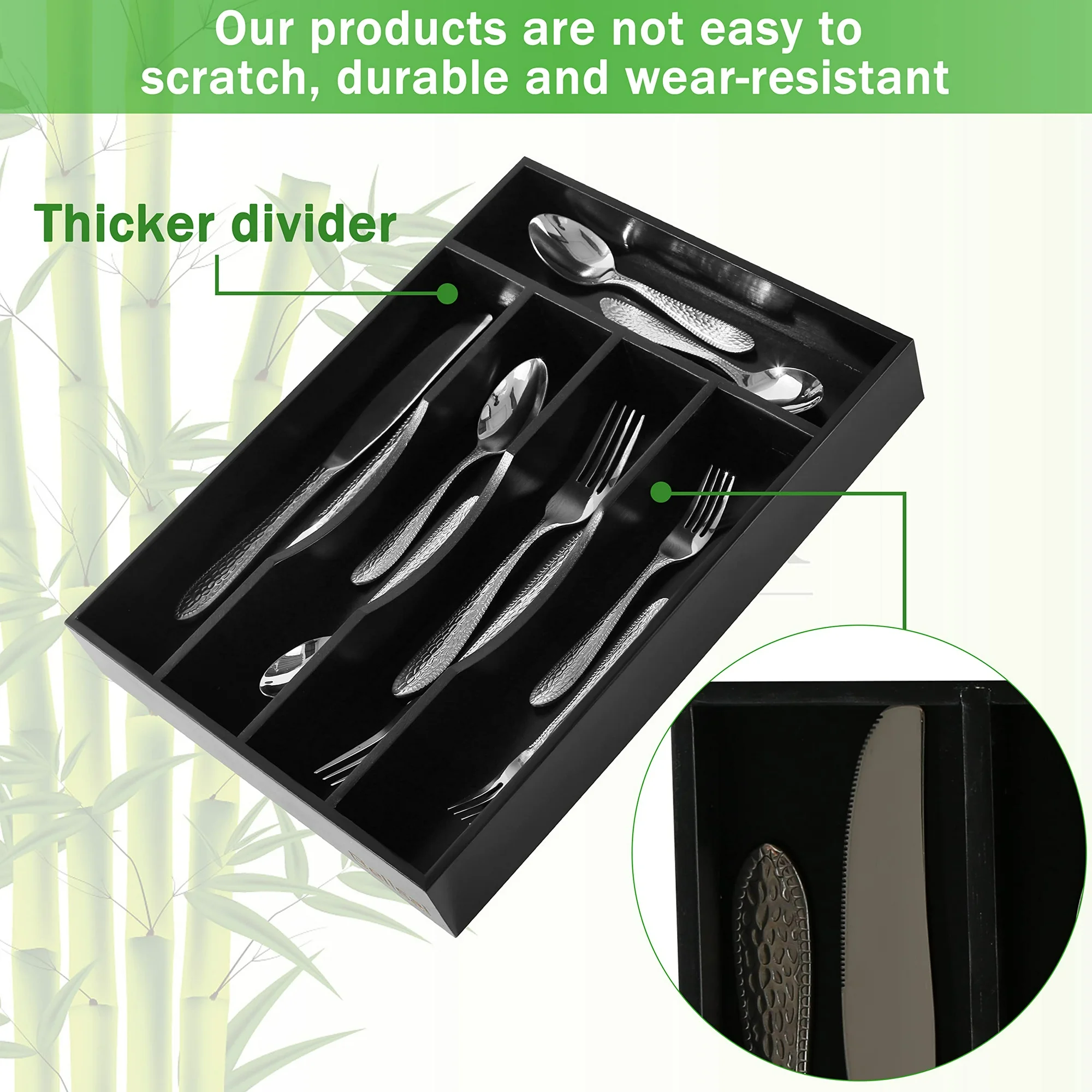 Kitchen Drawer Organizer for Silverware, Bamboo Wood Utensil Tray 10x14 Inches, 5-Section Cutlery Holder, Flatware Storage Solution, Black