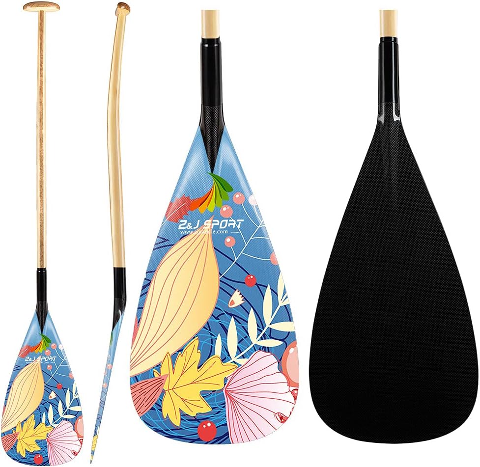 Z&J SPORT Outrigger Canoe Paddle, Tahiti Hybrid OC Paddle with Graphics Carbon Blade and Wood Bent Shaft 12 Degree