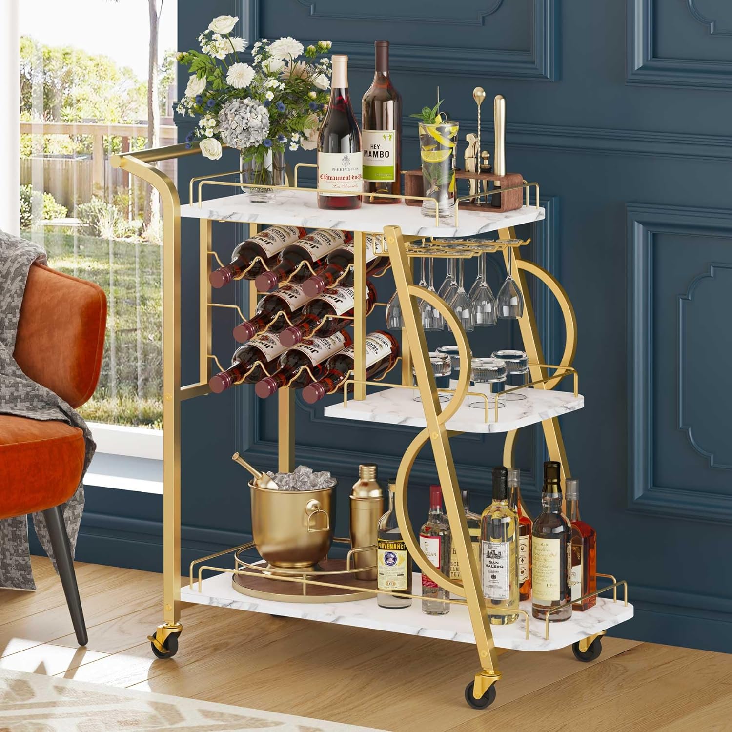 Industrial 3 Tier Mobile Gold Bar Cart with Wine Rack Freestanding Floor with Glass Holders and Hooks, Coffee Bar Cabinet with Storage with Wood and Metal Beverage Cart (Gold & Walnut Brown)