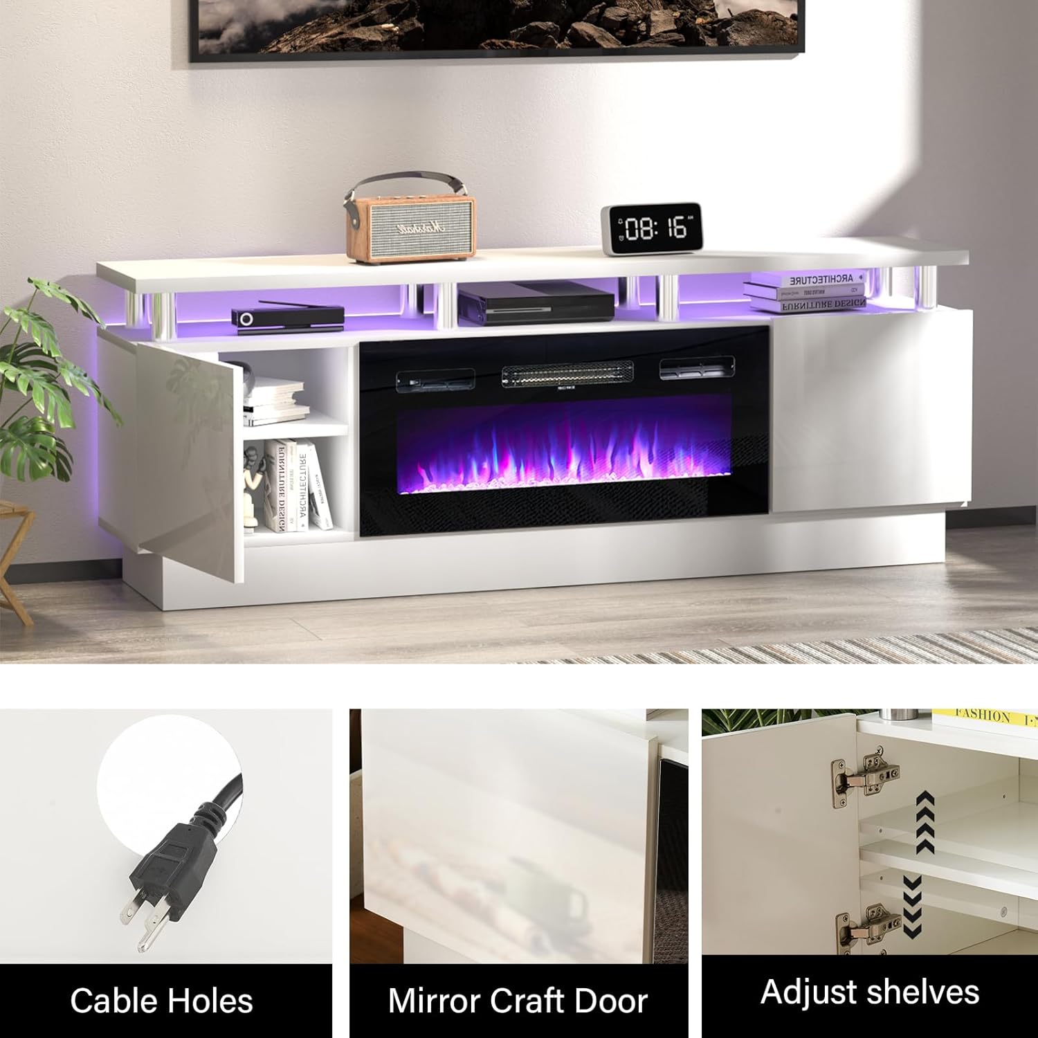 Fireplace TV Stand with 36" Electric Fireplace,2 Tier TV Console Stand, LED Light Entertainment Center, for TVs Up to 80", Fireplace for The Living Room TV Stand,(White)