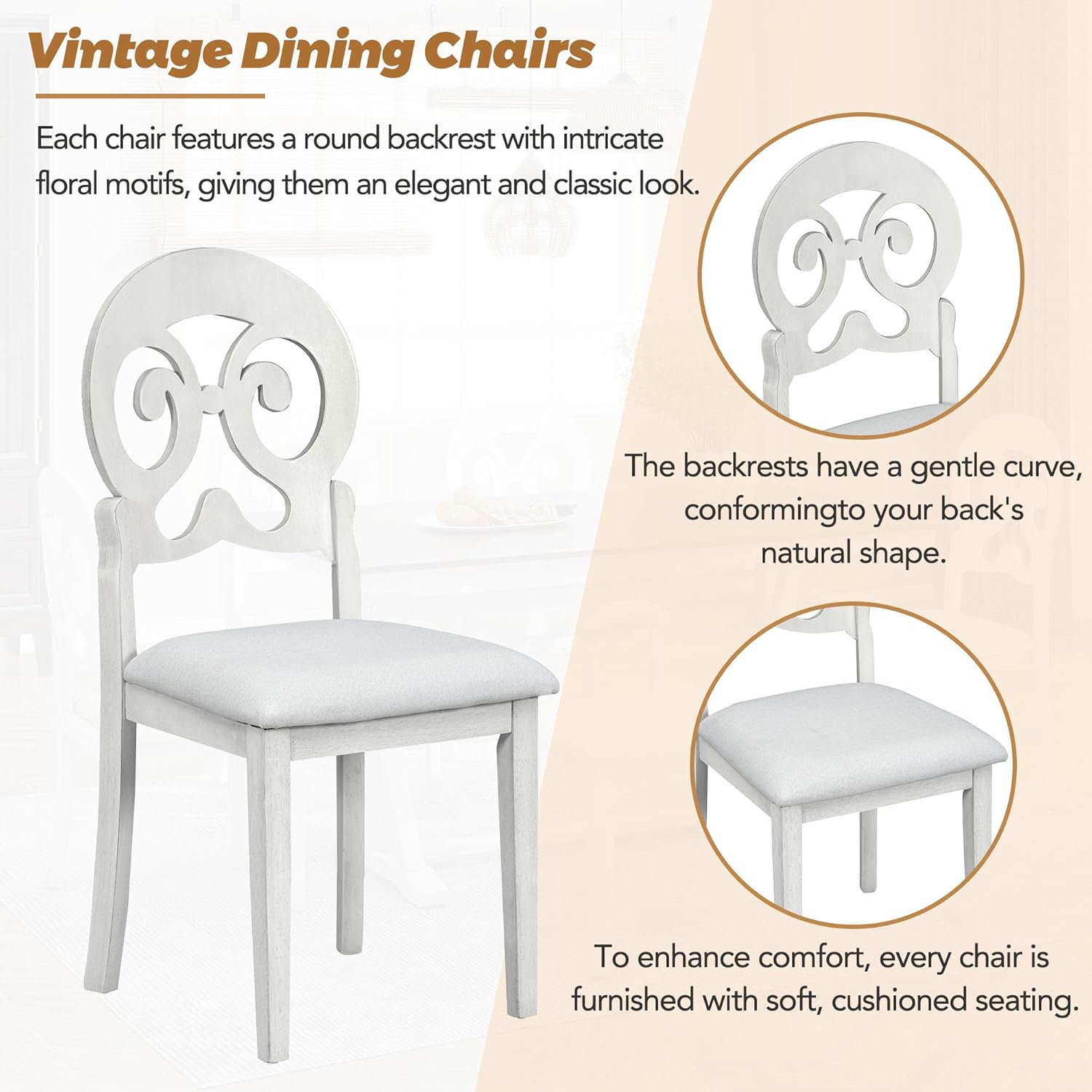 Mid-Century 6-Piece Trestle Table Set with Victorian Round Upholstered Dining Chairs,Vintage Wooden Rectangular Tabletop w/Long Bench,for Living Room/Hostel,Cherry+Antique White