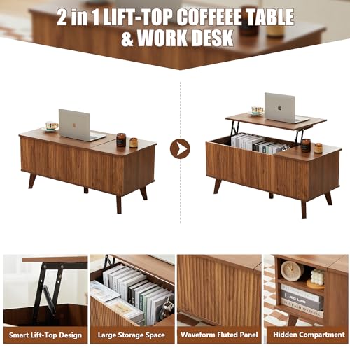 Mid-Century Modern Rectangular Wood Coffee Table with Dual Storage Shelf, Storage Center Coffee Tables with Waveform Panel Sliding Door Dining Table for Living Room Apartment(Walnut)
