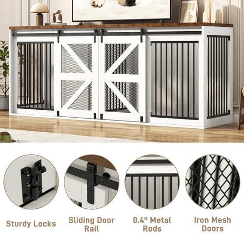 87In Farmhouse Dog Crate TV Stand, Wooden Dog Kennel Furniture with Sliding Metal Mesh Barn Door, Large Dog Crate Furniture for 2 Dogs, Solid Metal Tube & 2 Lockable Doors, Black