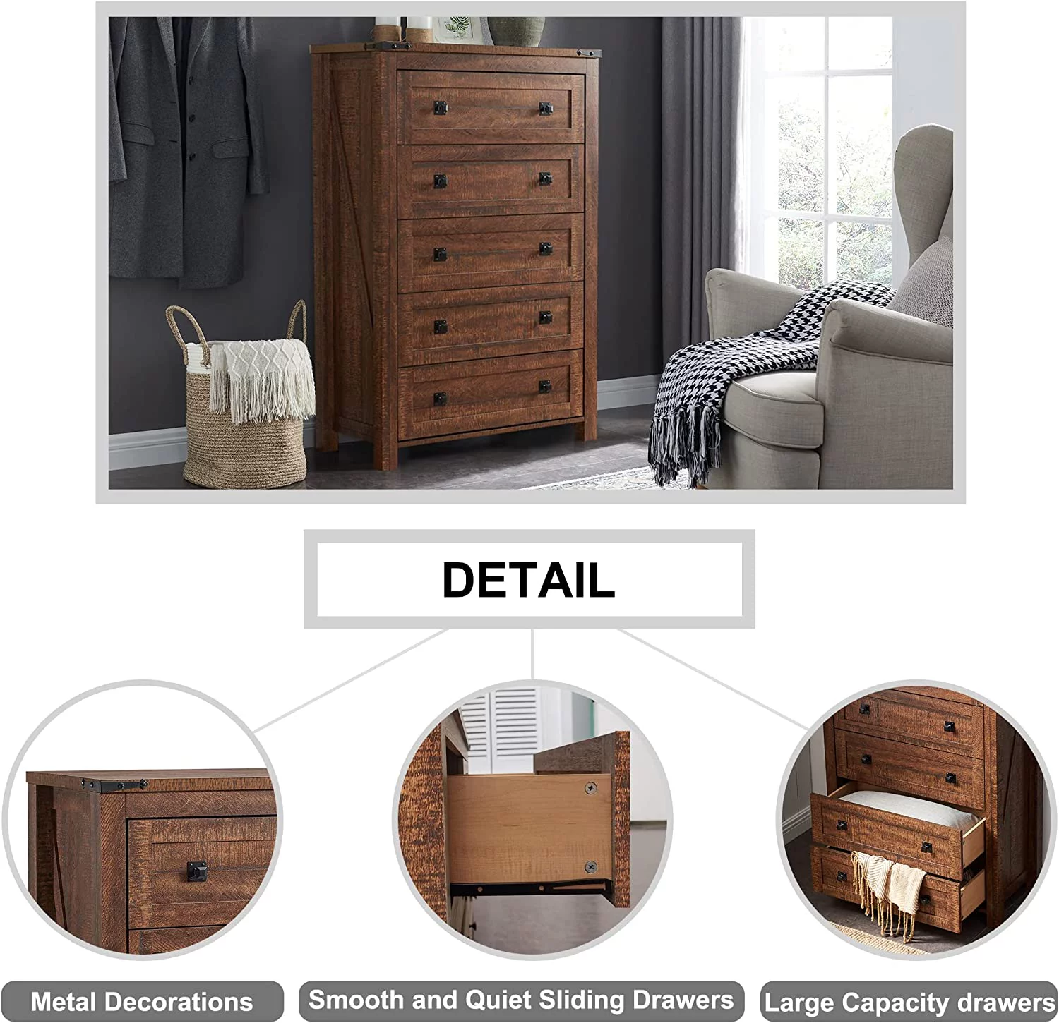 Farmhouse 5 Drawers Dresser Chests for Bedroom  Wood Rustic Tall Chset of Drawers Dressers Organizer for Bedroom  Living Room Hallway  Reclaimed Barnwood