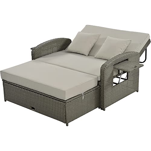 Outdoor Rattan Double Chaise Lounge with Adjustable Back and Cushions, 2-Person Reclining Daybed with Cup Trays, Patio Sunbed with Free Furniture Protection Cover, for Poolside Lawn, White