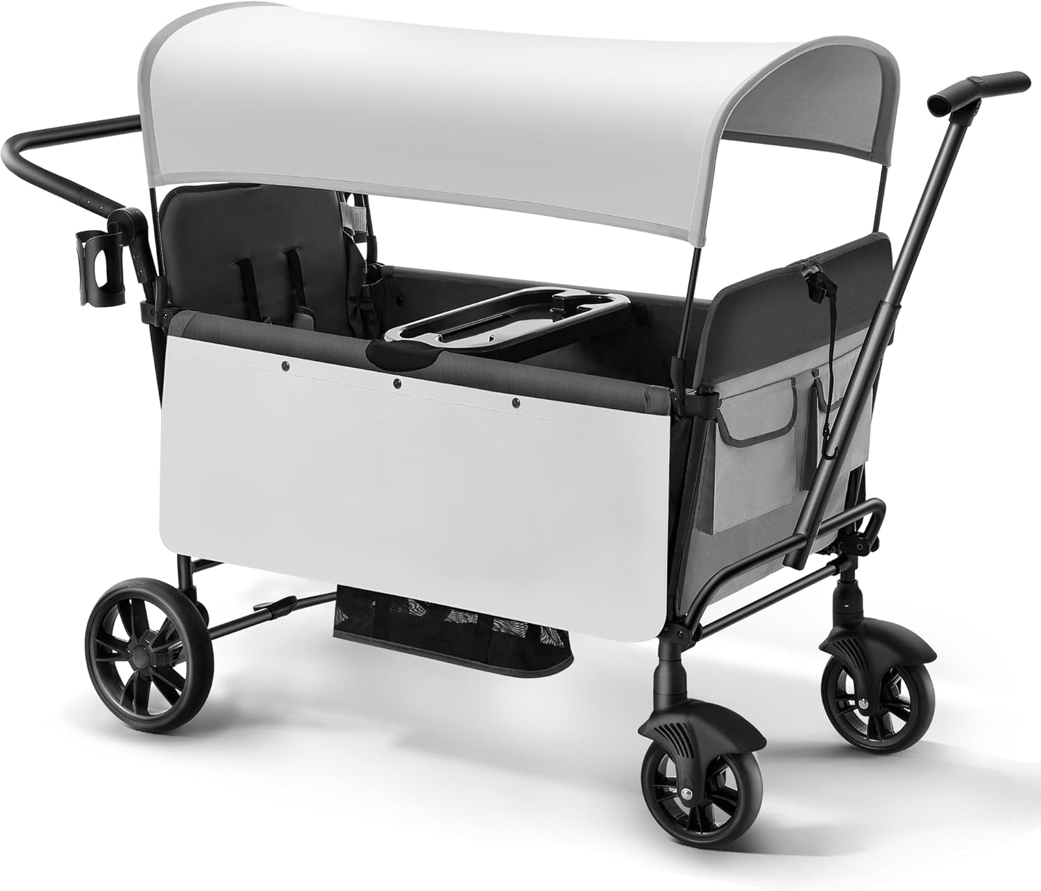 Foldable Stroller Wagon for 2 Kids, Wagon Stroller with Adjustable Handle-Bar, Push Pull Collapsible Stroller with Removable UV-Protection Canopy 5-Point Harness Shock-Absorbing Wheels, Grey